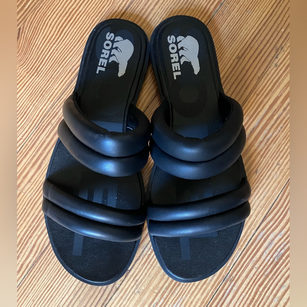 NWOB Sorel Ella Il Leather Puff Slide in Black/Sea Salt Sz 9. - Picture 5 of 11